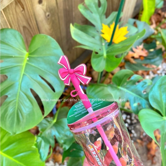 Starbucks Holiday Pink Snow Glass Tumbler with Bow Topper 18oz - Picture 5 of 6
